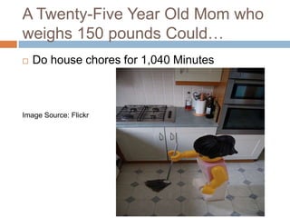 A Twenty-Five Year Old Mom who
weighs 150 pounds Could…
   Do house chores for 1,040 Minutes



Image Source: Flickr
 