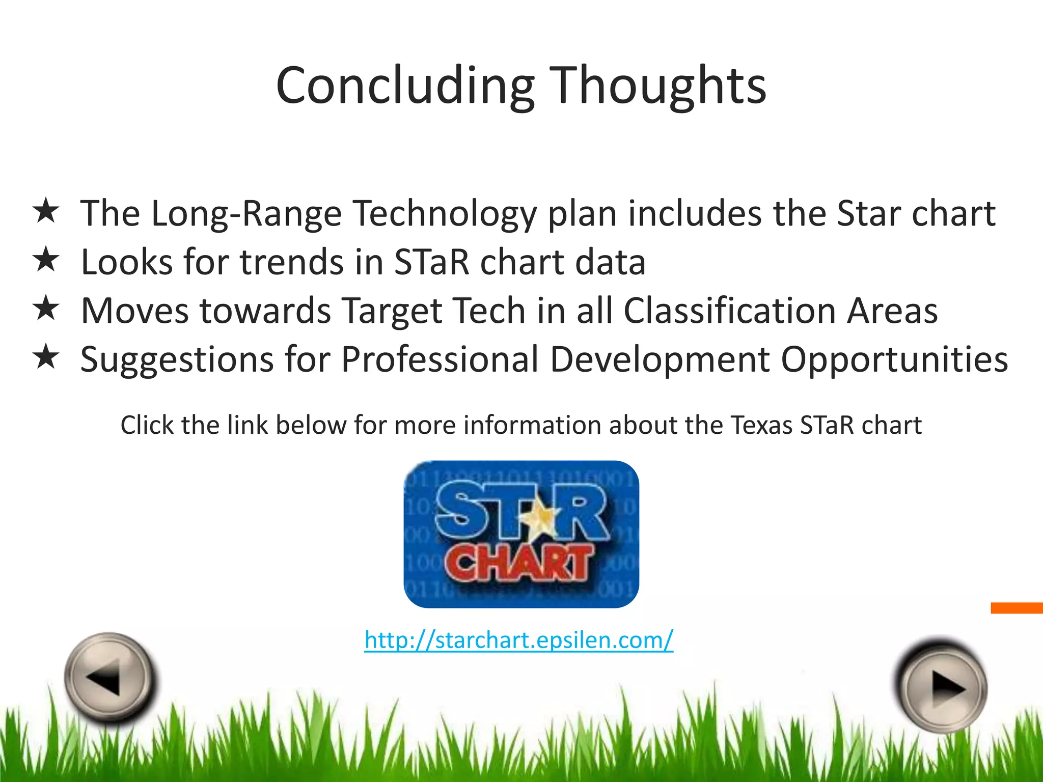 Concluding Thoughts

   The Long-Range Technology plan includes the Star chart
   Looks for trends in STaR chart data
   Moves towards Target Tech in all Classification Areas
   Suggestions for Professional Development Opportunities
      Click the link below for more information about the Texas STaR chart




                          http://starchart.epsilen.com/
 