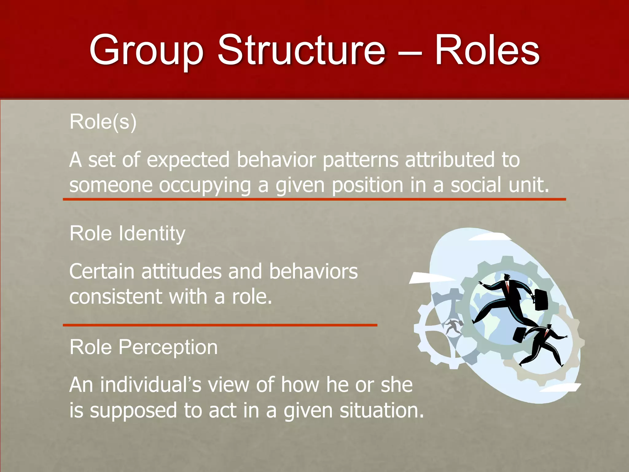 Group Structure – Roles
Role(s)
A set of expected behavior patterns attributed to
someone occupying a given position in a social unit.

Role Identity
Certain attitudes and behaviors
consistent with a role.

Role Perception
An individual’s view of how he or she
is supposed to act in a given situation.
 