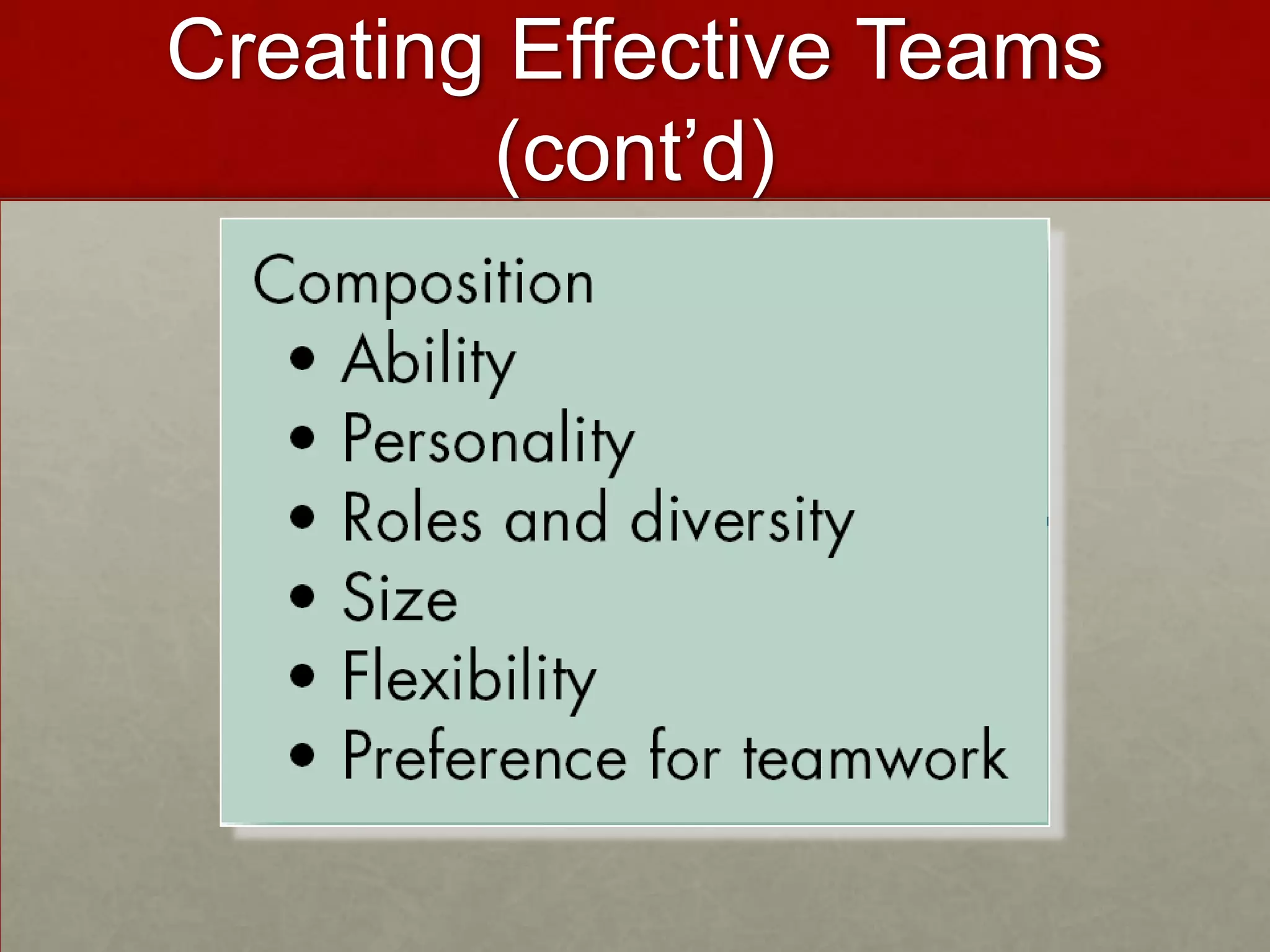 Creating Effective Teams
        (cont’d)
 