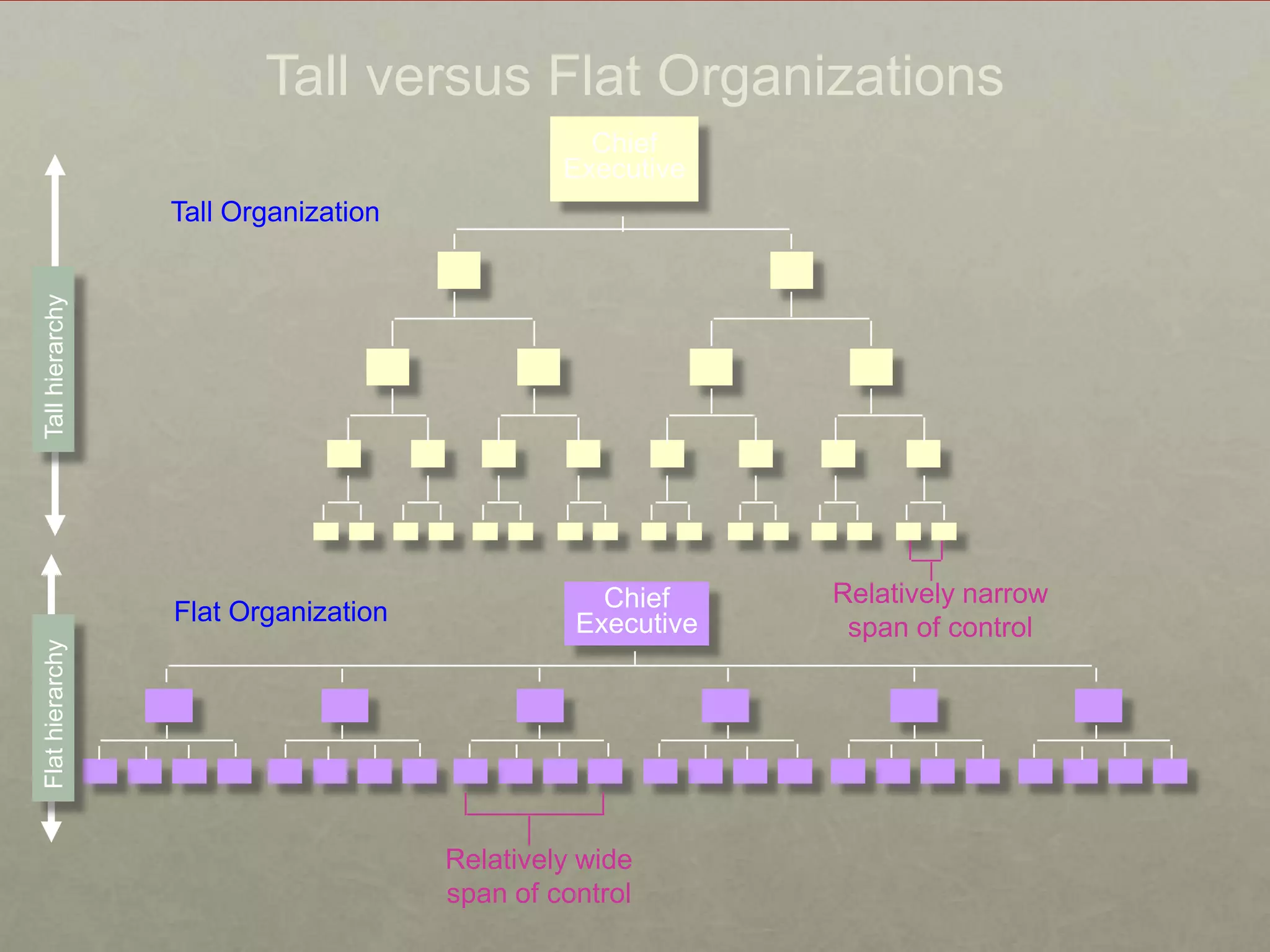 Tall versus Flat Organizations
                                                Chief
                                              Executive
                 Tall Organization
Tall hierarchy




                                                 Chief     Relatively narrow
                 Flat Organization             Executive    span of control
Flat hierarchy




                                     Relatively wide
                                     span of control
 