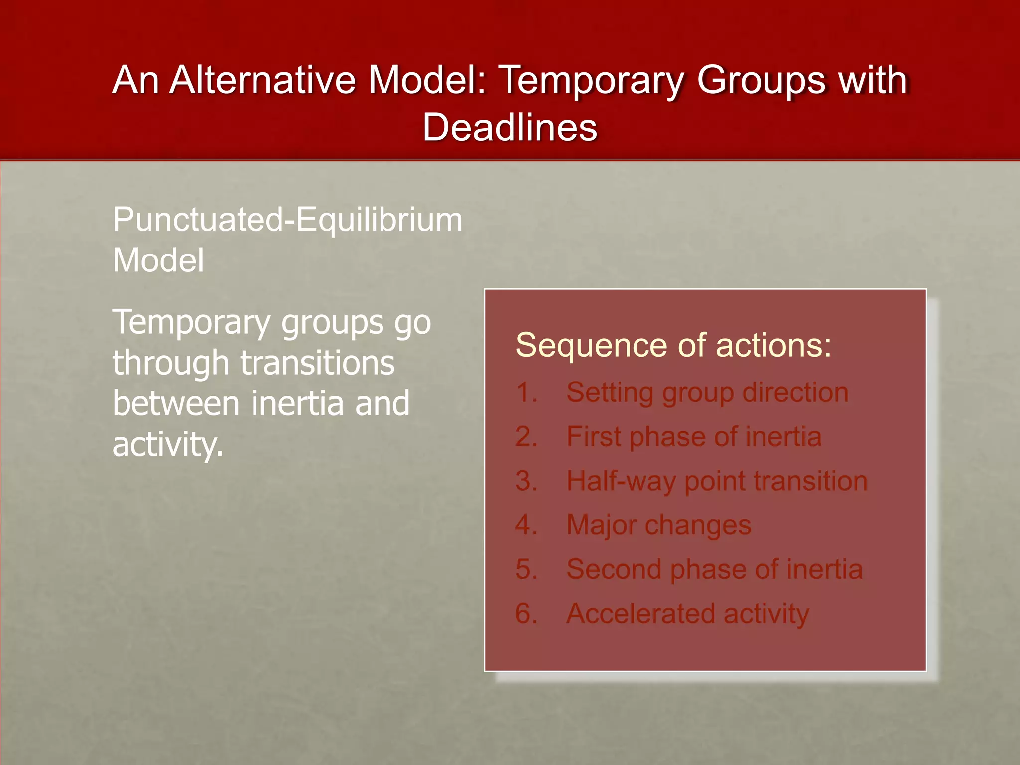 An Alternative Model: Temporary Groups with
                 Deadlines

Punctuated-Equilibrium
Model
Temporary groups go
                         Sequence of actions:
through transitions
between inertia and      1. Setting group direction
activity.                2. First phase of inertia
                         3. Half-way point transition
                         4. Major changes
                         5. Second phase of inertia
                         6. Accelerated activity
 