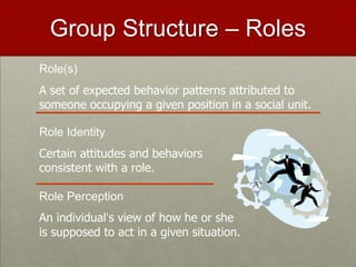Group Structure – Roles
Role(s)
A set of expected behavior patterns attributed to
someone occupying a given position in a social unit.

Role Identity
Certain attitudes and behaviors
consistent with a role.

Role Perception
An individual’s view of how he or she
is supposed to act in a given situation.
 