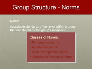 Group Structure - Norms

Norms
Acceptable standards of behavior within a group
that are shared by the group’s members.

             Classes of Norms:
             • Performance norms
             • Appearance norms
             • Social arrangement norms
             • Allocation of resources norms
 