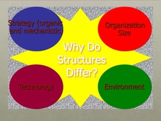 Strategy (organic        Organization
and mechanistic)            Size

                 Why Do
                Structures
                  Differ?
   Technology            Environment
 