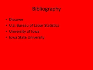 Bibliography
•   Discover
•   U.S. Bureau of Labor Statistics
•   University of Iowa
•   Iowa State University
 