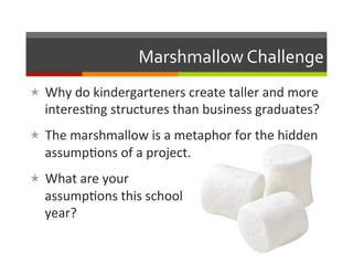 Marshmallow	
  Challenge	
  
«  Why	
  do	
  kindergarteners	
  create	
  taller	
  and	
  more	
  
            interes2ng	
  structures	
  than	
  business	
  graduates?	
  
«  The	
  marshmallow	
  is	
  a	
  metaphor	
  for	
  the	
  hidden	
  
            assump2ons	
  of	
  a	
  project.	
  
«  What	
  are	
  your	
  	
  	
  	
  	
  	
  	
  	
  	
  	
  	
  	
  	
  	
  	
  	
  	
  	
  	
  	
  	
  	
  	
  	
  	
  	
  	
  	
  	
  	
  	
  	
  	
  	
  	
  	
  	
  	
  	
  	
  	
  	
  	
  
            assump2ons	
  this	
  school	
  	
  	
  	
  	
  	
  	
  	
  	
  	
  	
  	
  	
  	
  	
  	
  	
  	
  	
  	
  	
  	
  	
  	
  	
  	
  	
  	
  	
  	
  	
  	
  	
  	
  	
  
            year?	
  
 