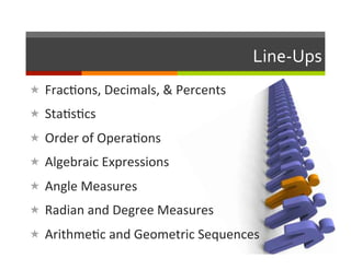 Line-­‐Ups	
  
«  Frac2ons,	
  Decimals,	
  &	
  Percents	
  
«  Sta2s2cs	
  
«  Order	
  of	
  Opera2ons	
  
«  Algebraic	
  Expressions	
  
«  Angle	
  Measures	
  
«  Radian	
  and	
  Degree	
  Measures	
  
«  Arithme2c	
  and	
  Geometric	
  Sequences	
  
 