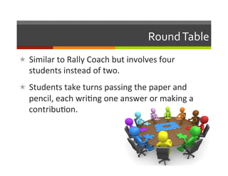 Round	
  Table	
  
«  Similar	
  to	
  Rally	
  Coach	
  but	
  involves	
  four	
  
    students	
  instead	
  of	
  two.	
  
«  Students	
  take	
  turns	
  passing	
  the	
  paper	
  and	
  
    pencil,	
  each	
  wri2ng	
  one	
  answer	
  or	
  making	
  a	
  
    contribu2on.	
  
 