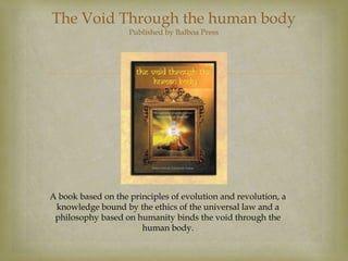 The Void Through the human body
                    Published by Balboa Press




                             



A book based on the principles of evolution and revolution, a
 knowledge bound by the ethics of the universal law and a
 philosophy based on humanity binds the void through the
                       human body.
 