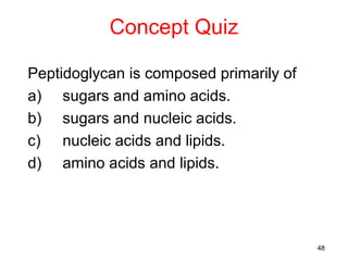 Concept Quiz

Peptidoglycan is composed primarily of
a) sugars and amino acids.
b) sugars and nucleic acids.
c) nucleic acids and lipids.
d) amino acids and lipids.




                                         48
 
