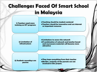 Challenges Faced Of Smart School
          in Malaysia
                             •Teaching should be student-centered
    1) Teachers need more
  training on ICT programs   •Teachers should be innovative and use internet
                              as important resources




                             •Limitations to access the network
      2) Limitation of       •If combination of network and teacher based
       infrastructure         and courseware materials will become more
                              attractive




                             •They hope everything from their teacher
  3) Students nowadays are
           passive           •Besides, majority of the parents are not
                              involved in this project.
 