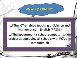 Wave 1 (1999-2002)



  The ICT-enabled teaching of Science and
       Mathematics in English (PPSMI)
 The government’s school computerization
project at equipping all schools with PC’s and
                computer lab
 