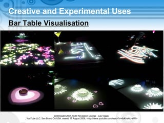 Creative and Experimental Uses Bar Table Visualisation sirclinksalot 2007, Multi Revolution Lounge - Las Vegas , YouTube LLC, San Bruno CA USA, viewed 17 August 2008, <http://www.youtube.com/watch?v=6dKhsAU-wWI> 