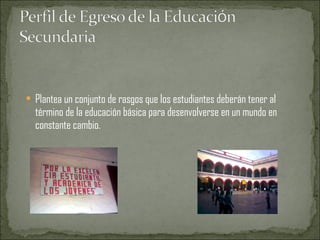 Plantea un conjunto de rasgos que los estudiantes deberán tener al término de la educación básica para desenvolverse en un mundo en constante cambio. 