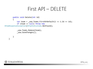 First API – DELETE
        public void Delete(int id)
        {
            var team = _uow.Teams.FirstOrDefault(i => i.Id == id);
            if (team == null) throw new
HttpResponseException(HttpStatusCode.NotFound);

            _uow.Teams.Remove(team);
            _uow.SaveChanges();

        }
   }




                                                                     @filip_woj
 