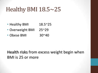 Healthy BMI 18.5~25

• Healthy BMI      18.5~25
• Overweight BMI   25~29
• Obese BMI        30~40



Health risks from excess weight begin when
BMI is 25 or more
 