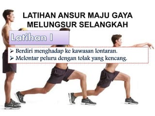 LATIHAN ANSUR MAJU GAYA
MELUNGSUR SELANGKAH
 Berdiri menghadap ke kawasan lontaran.
 Melontar peluru dengan tolak yang kencang.
 