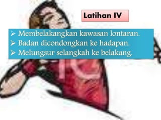 Latihan IV
 Membelakangkan kawasan lontaran.
 Badan dicondongkan ke hadapan.
 Melungsur selangkah ke belakang.
 