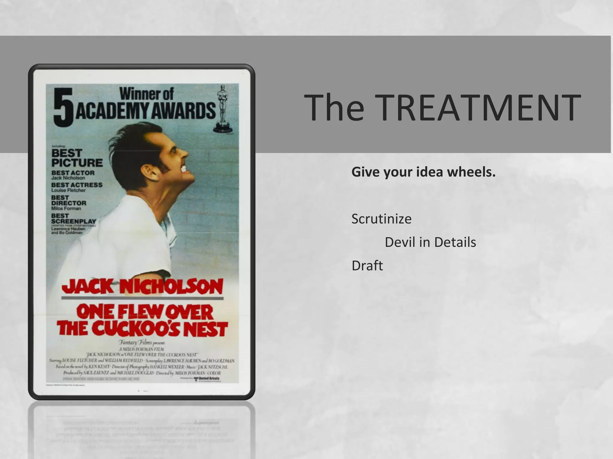 Give your idea wheels.
Scrutinize
Devil in Details
Draft
The TREATMENT
 