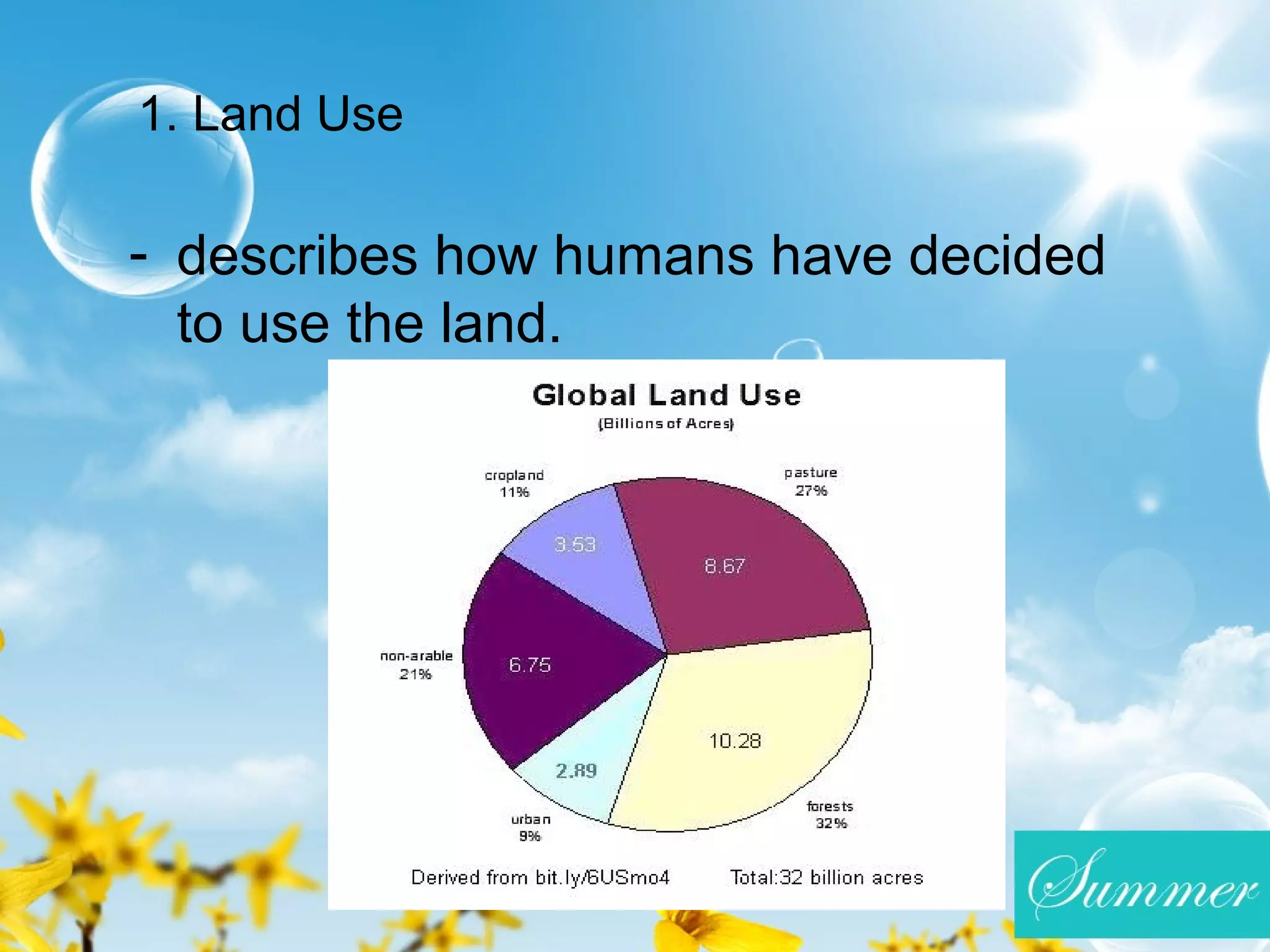 1. Land Use
- describes how humans have decided
to use the land.
 