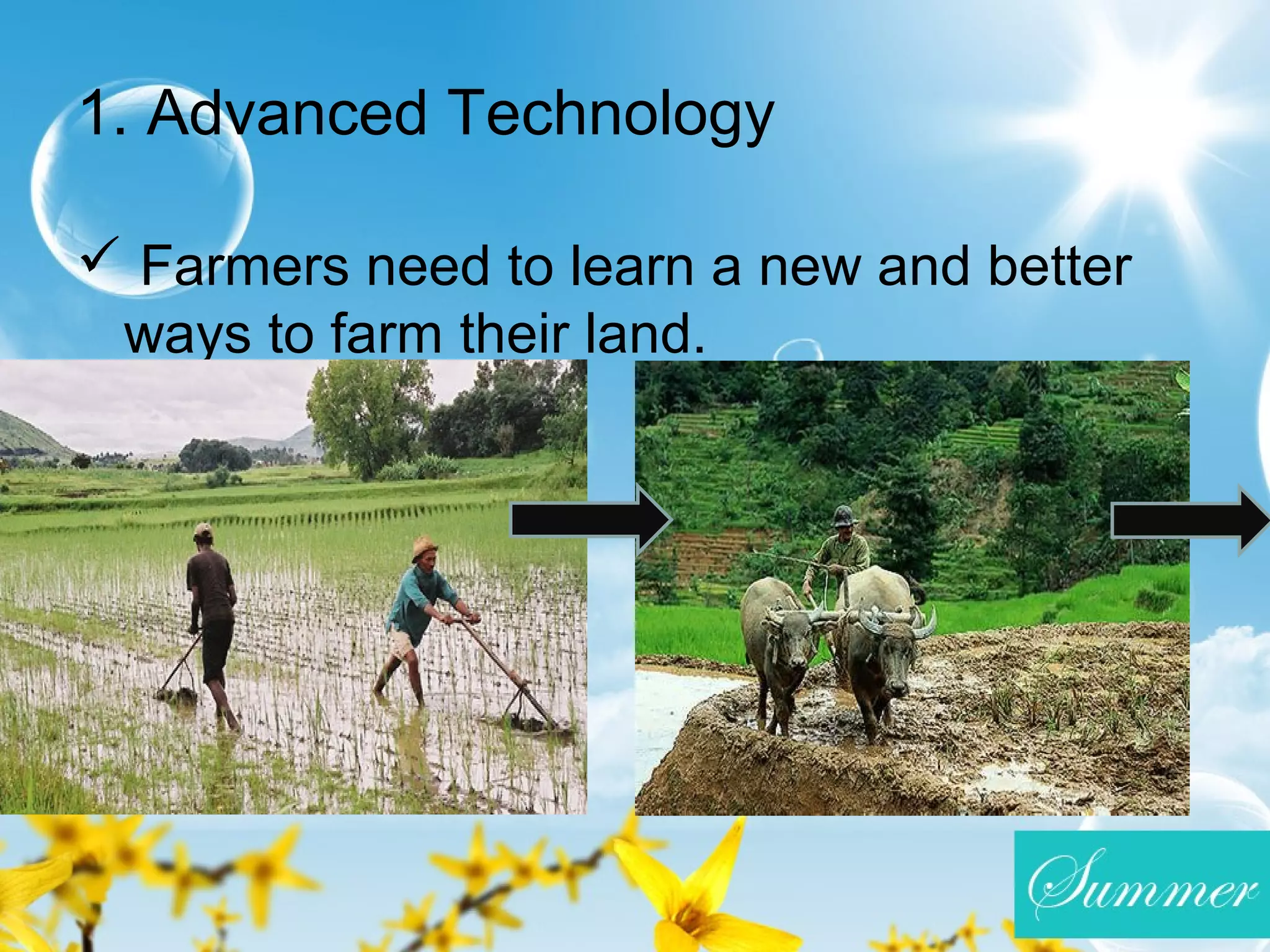 1
1
1. Advanced Technology
 Farmers need to learn a new and better
ways to farm their land.
 