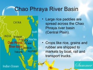 Chao Phraya River Basin
• Large rice paddies are
spread across the Chao
Phraya river basin
(Central Plain).
• Crops like rice, grains and
rubber are shipped to
markets by boat, rail and
transport trucks.
 