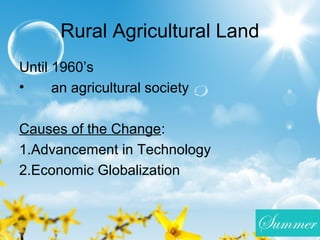Rural Agricultural Land
Until 1960’s
• an agricultural society
Causes of the Change:
1.Advancement in Technology
2.Economic Globalization
 