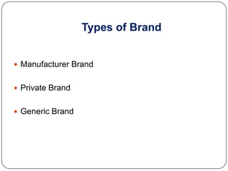 Types of Brand
 Manufacturer Brand
 Private Brand
 Generic Brand
 