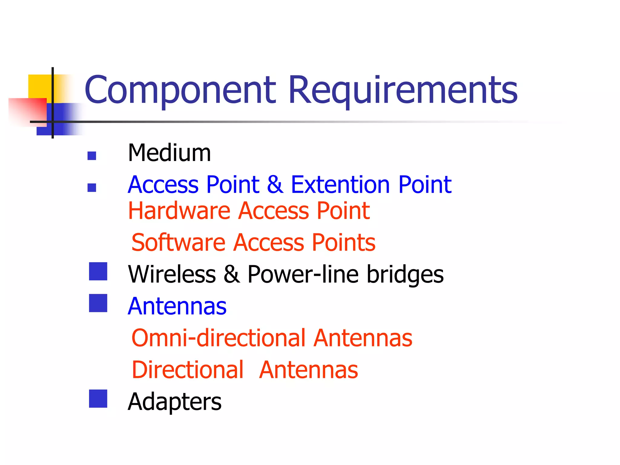Component Requirements
 Medium
 Access Point & Extention Point
Hardware Access Point
Software Access Points
 Wireless & Power-line bridges
 Antennas
Omni-directional Antennas
Directional Antennas
 Adapters
 
