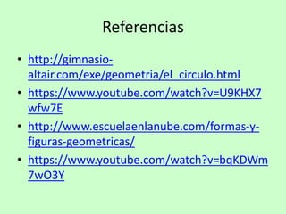 Referencias
• http://gimnasio-
altair.com/exe/geometria/el_circulo.html
• https://www.youtube.com/watch?v=U9KHX7
wfw7E
• http://www.escuelaenlanube.com/formas-y-
figuras-geometricas/
• https://www.youtube.com/watch?v=bqKDWm
7wO3Y
 