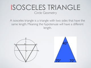 ISOSCELES TRIANGLE
Circle Geometry
A isosceles triangle is a triangle with two sides that have the
same length. Meaning the hypotenuse will have a different
length.
 