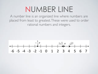 NUMBER LINE
A number line is an organized line where numbers are
placed from least to greatest.These were used to order
rational numbers and integers.
 