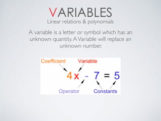 VARIABLES
A variable is a letter or symbol which has an
unknown quantity.AVariable will replace an
unknown number.
Linear relations & polynomials
 