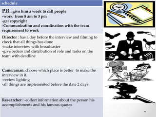 P.R : give him a week to call people
-work from 8 am to 3 pm
-get copyright
-Communication and coordination with the team
requirement to work
Director : has a day before the interview and filming to
check that all things has done
-make interview with broadcaster
-give orders and distribution of role and tasks on the
team with deadline
Cameraman: choose which place is better to make the
interview in it.
-review lighting
-all things are implemented before the date 2 days
Researcher : -collect information about the person his
accomplishments and his famous quotes
schedule
 
