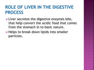  Liver secretes the digestive enzymes bile,
that help convert the acidic food that comes
from the stomach in to basic nature.
Helps to break down lipids into smaller
particles.