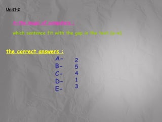 Unit1-2 
A-the magic of computers : 
which sentence fit with the gap in the text (a-e) 
the correct answers : 
A-B-C-D-E- 
25413 
 