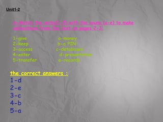 Unit1-2 
A-Match the verbs(1-5) with the nouns (a-e) to make 
collocations from the text on pages 2-3. 
1-give a-money 
2-keep b-a PIN 
3-access c-databases 
4-enter d-presentation 
5-transfer e-records 
the correct answers : 
1-d 
2-e 
3-c 
4-b 
5-a 
 