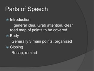 Parts of Speech 
 Introduction 
general idea. Grab attention, clear 
road map of points to be covered. 
 Body 
Generally 3 main points, organized 
 Closing 
Recap, remind 
 
