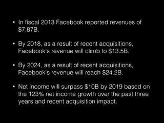• In fiscal 2013 Facebook reported revenues of 
$7.87B. 
• By 2018, as a result of recent acquisitions, 
Facebook's revenue will climb to $13.5B. 
• By 2024, as a result of recent acquisitions, 
Facebook's revenue will reach $24.2B. 
• Net income will surpass $10B by 2019 based on 
the 123% net income growth over the past three 
years and recent acquisition impact. 
 