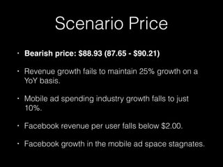 Scenario Price 
• Bearish price: $88.93 (87.65 - $90.21) 
• Revenue growth fails to maintain 25% growth on a 
YoY basis. 
• Mobile ad spending industry growth falls to just 
10%. 
• Facebook revenue per user falls below $2.00. 
• Facebook growth in the mobile ad space stagnates. 
 
