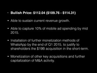 • Bullish Price: $112.04 ($109.76 - $114.31) 
• Able to sustain current revenue growth. 
• Able to capture 10% of mobile ad spending by mid 
2015. 
• Installation of further monetization methods of 
WhatsApp by the end of Q1 2015, to justify to 
shareholders the $19B acquisition in the short-term. 
• Monetization of other key acquisitions and further 
capitalization of M&A activity. 
 