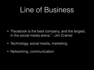 Line of Business 
• "Facebook is the best company, and the largest, 
in the social media arena." - Jim Cramer 
• Technology, social media, marketing 
• Networking, communication 
 