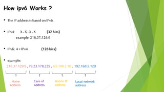 How ipv6 Works ?
• The IP address is based on IPv6.
• IPv4: X . X . X . X (32 bits)
example: 216.37.129.9
• IPv6: 4 × IPv4 (128 bits)
• example:
216.37.129.9 , 79.23.178.229 , 65.198.2.10 , 192.168.5.120
Home
Address
Care of
Address
Mobile IP
address
Local network
address
 