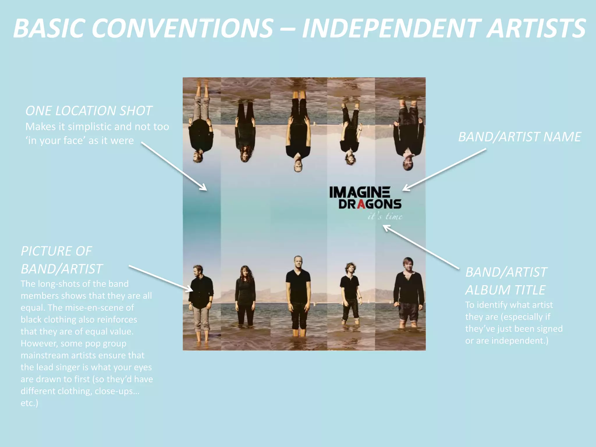 BAND/ARTIST NAME
PICTURE OF
BAND/ARTIST
The long-shots of the band
members shows that they are all
equal. The mise-en-scene of
black clothing also reinforces
that they are of equal value.
However, some pop group
mainstream artists ensure that
the lead singer is what your eyes
are drawn to first (so they’d have
different clothing, close-ups…
etc.)
BAND/ARTIST
ALBUM TITLE
To identify what artist
they are (especially if
they’ve just been signed
or are independent.)
ONE LOCATION SHOT
Makes it simplistic and not too
‘in your face’ as it were
BASIC CONVENTIONS – INDEPENDENT ARTISTS
 