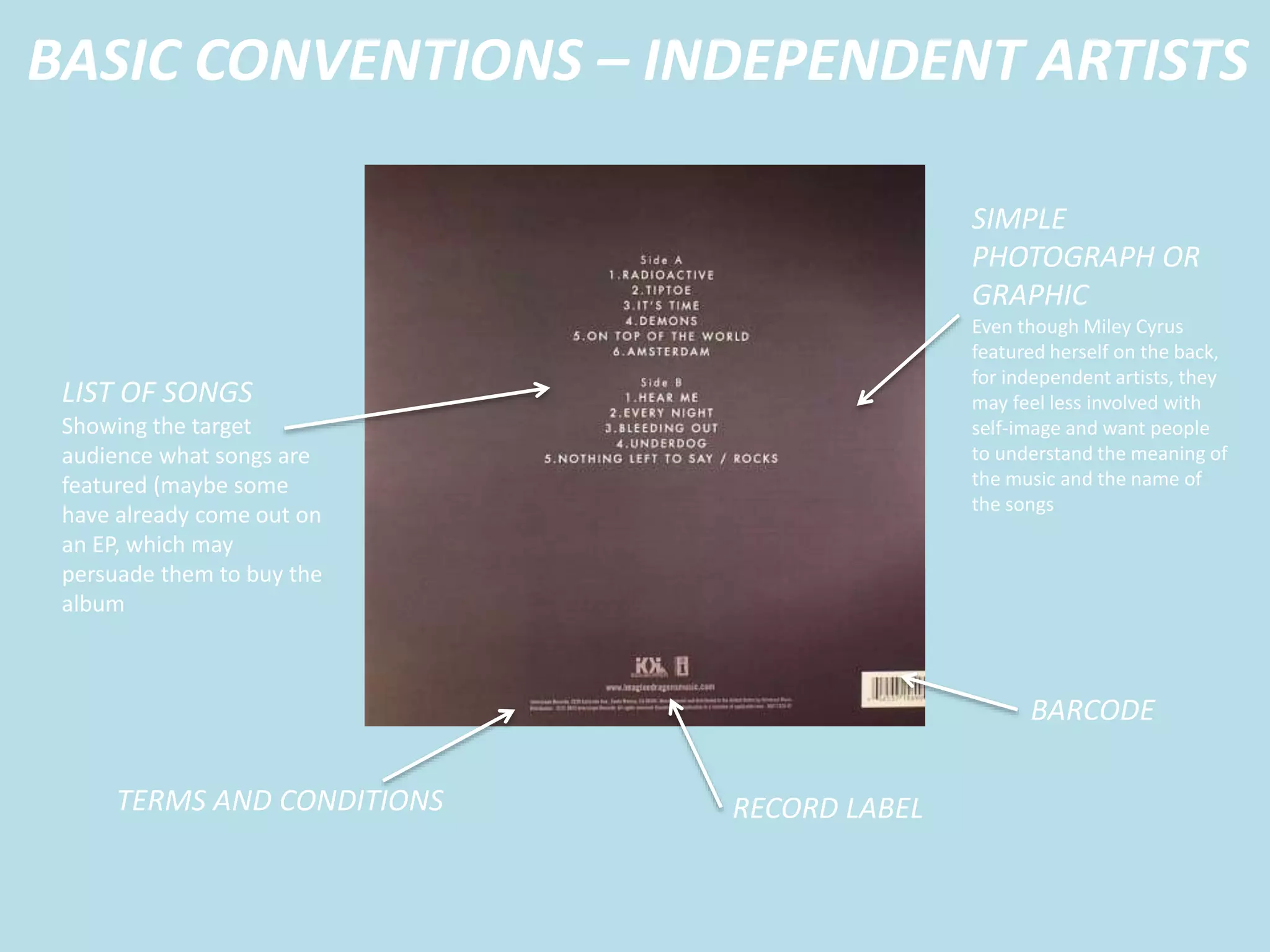 BASIC CONVENTIONS – INDEPENDENT ARTISTS
LIST OF SONGS
Showing the target
audience what songs are
featured (maybe some
have already come out on
an EP, which may
persuade them to buy the
album
SIMPLE
PHOTOGRAPH OR
GRAPHIC
Even though Miley Cyrus
featured herself on the back,
for independent artists, they
may feel less involved with
self-image and want people
to understand the meaning of
the music and the name of
the songs
BARCODE
RECORD LABELTERMS AND CONDITIONS
 