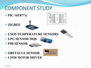 COMPONENT STUDY
 PIC 16F877A
 ZIGBEE
 LM35 TEMPERATURE SENSORS
 LPG SENSOR MQ6
 PIR SENSOR
 OBSTACLE SENSOR
 L293D MOTOR DRIVER
10/12/2015 8
 