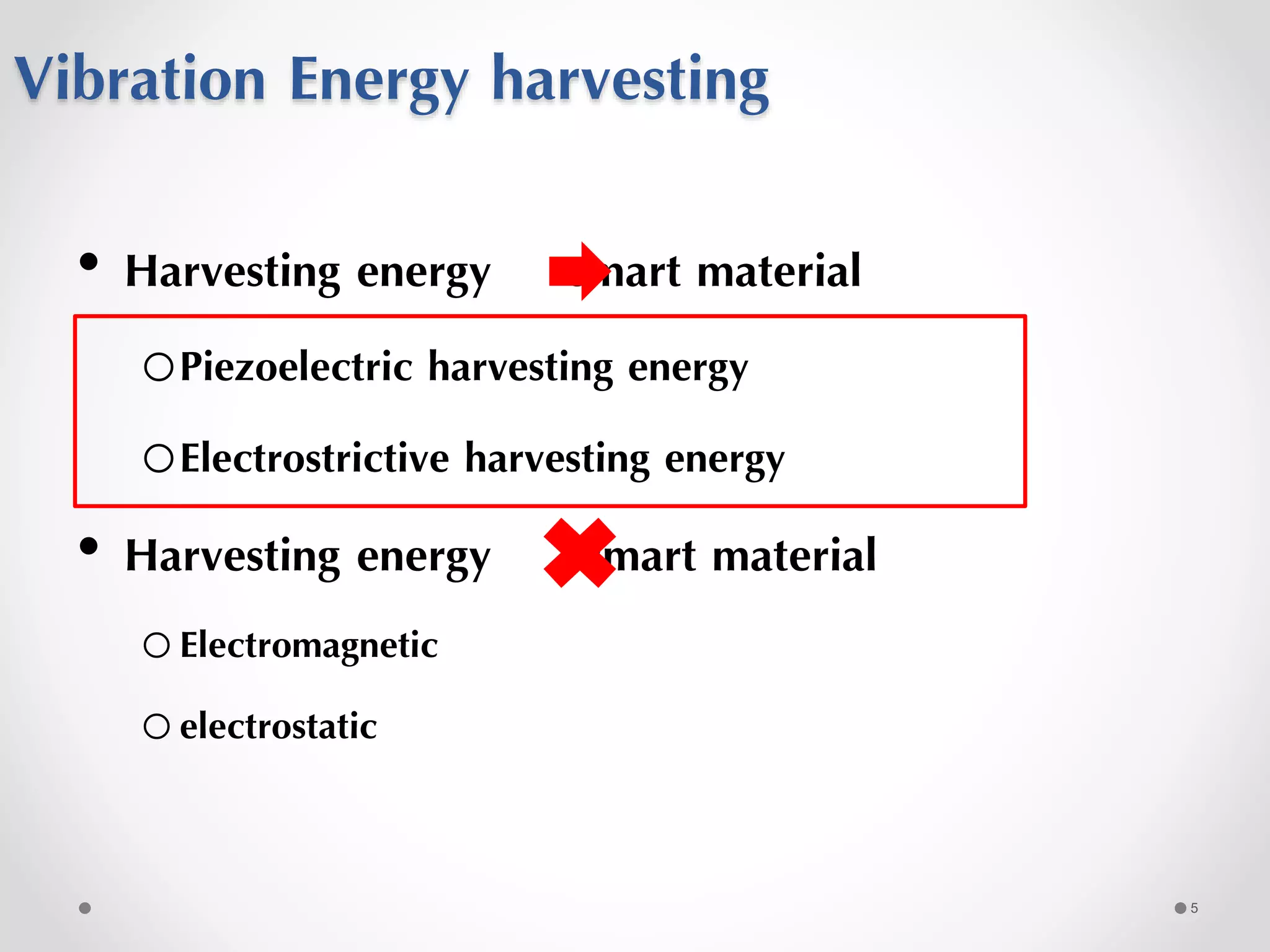 Vibration Energy harvesting
• Harvesting energy smart material
oPiezoelectric harvesting energy
oElectrostrictive harvesting energy
• Harvesting energy smart material
oElectromagnetic
oelectrostatic
5
 