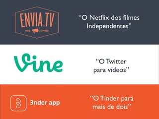 “O Netflix dos filmes
Independentes”
“O Twitter
para vídeos”
“O Tinder para
mais de dois”
3nder	
  app	
  
 