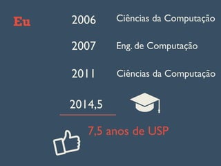Eu
2007 Eng. de Computação
Ciências da Computação2011
2014,5
7,5 anos de USP
2006 Ciências da Computação
 